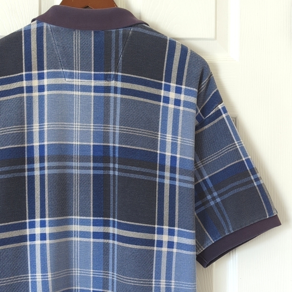 Nautica 90's Vintage Preppy Plaid Short Sleeve Henley Polo Shirt Navy Blue XL - Picture 10 of 10